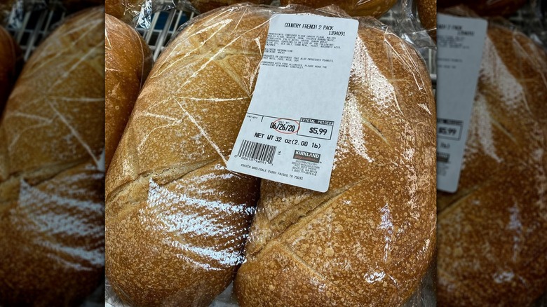 Close-up of Kirkland Signature Country French Bread in plastic wrapping