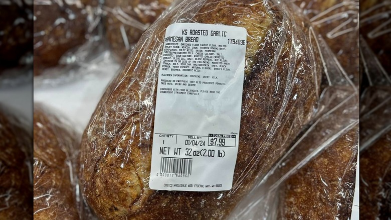 A close-up of a bag of Kirkland Signature roasted garlic Parmesan bread