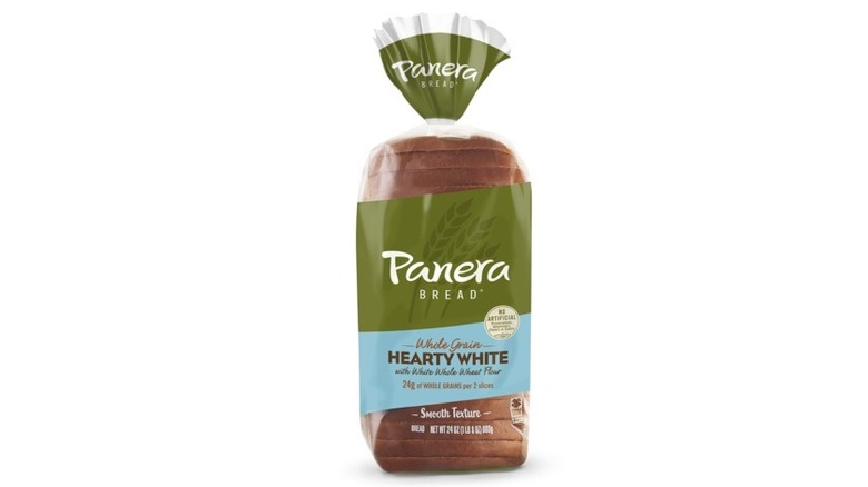 A bag of Panera Bread's white whole grain bread on a white background