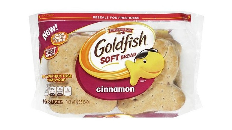 A packet of cinnamon-flavored Goldfish bread on a white background