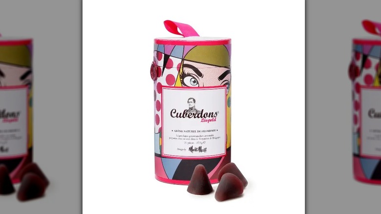 A limited edition cylinder of Cuberdons Léopold raspberry candies