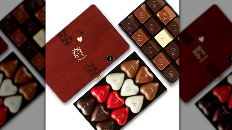 a top-down view of zChocolat's Romantic Ruby chocolate gift set