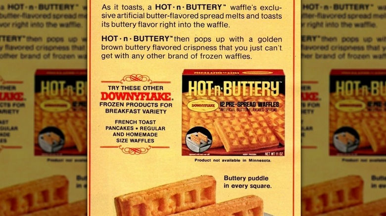 A close-up of an advert for Downyflake's Hot n Buttery frozen waffles