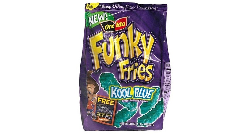 A purple bag of Kool Blue Funky Fries on a white background