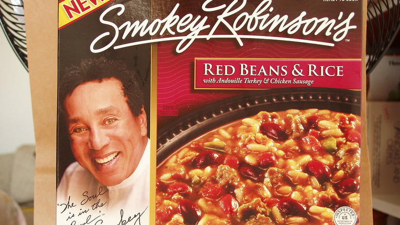 A close-up of a box of Smokey Robinson's Red Beans and Rice frozen meal