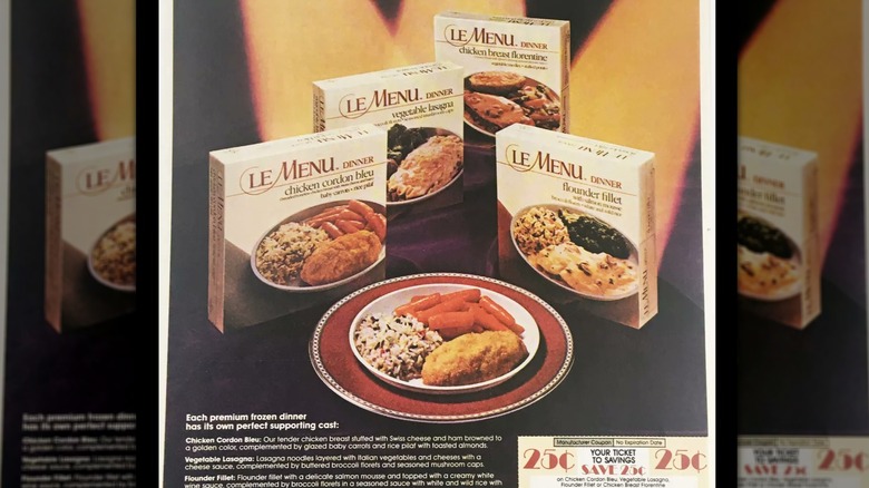 an advert for Swanson's Le Menu frozen meals, picturing four varieties and a plate of chicken cordon bleu