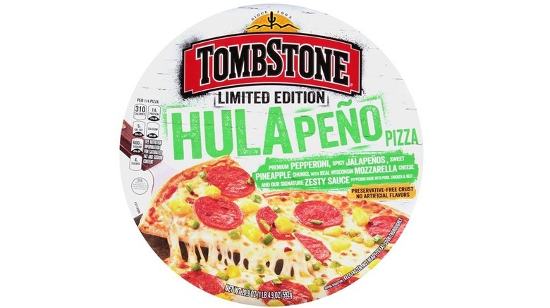 A top-down view of a limited edition, Tombstone Hulapeño frozen pizza