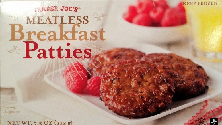 A close-up of a box of Trader Joe's Meatless Breakfast Patties