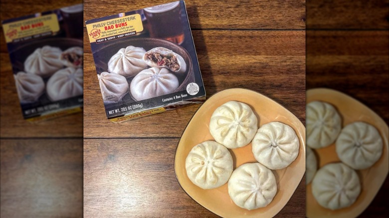 A box and plate of Trader Joe's Philly Cheesesteak Bao Buns