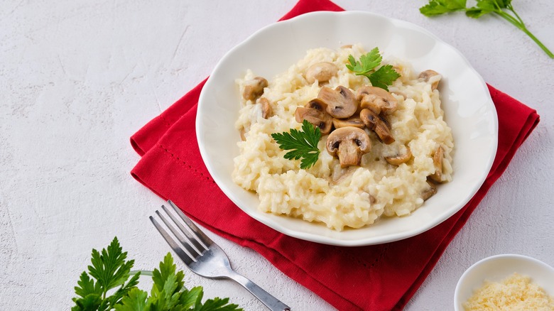 risotto with mushrooms in bowl