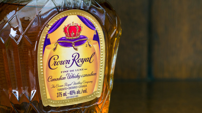 Closeup of Crown Royal whisky bottle label