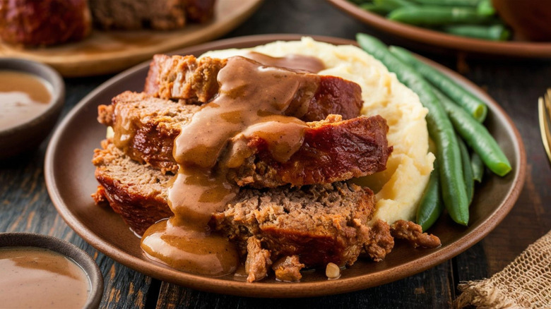 a plate of meatloaf with gravy, mashed potatoes, and green beans