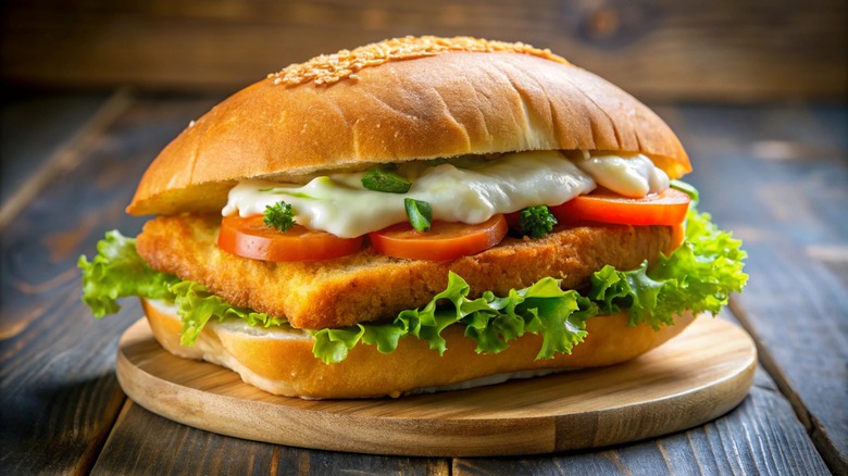 Fish sandwich with lettuce, tomato, and sauce on wood board