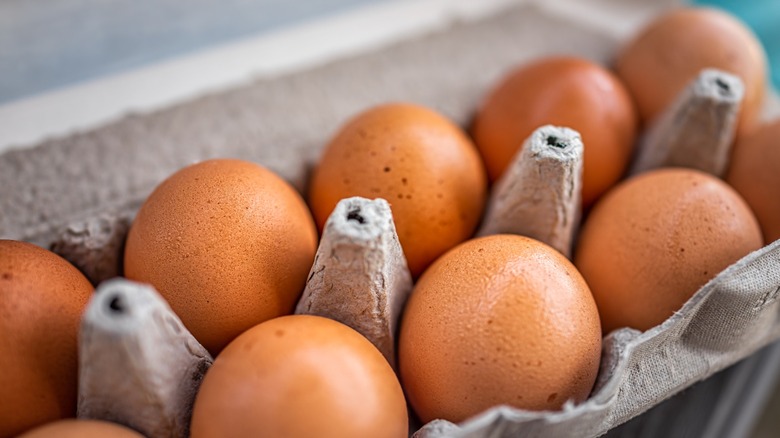 Close up shot of brown eggs in egg carton