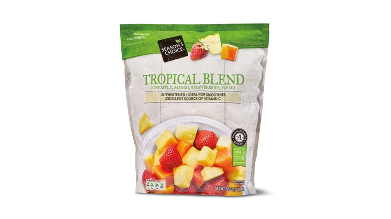 Bag of tropical blend frozen fruit sold as Season's Choice Aldi brand.