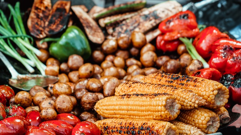 Grilled corn, potatoes, peppers, and eggplant