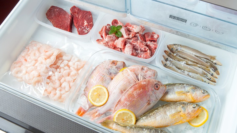 Meat stored in the bottom drawer of fridge