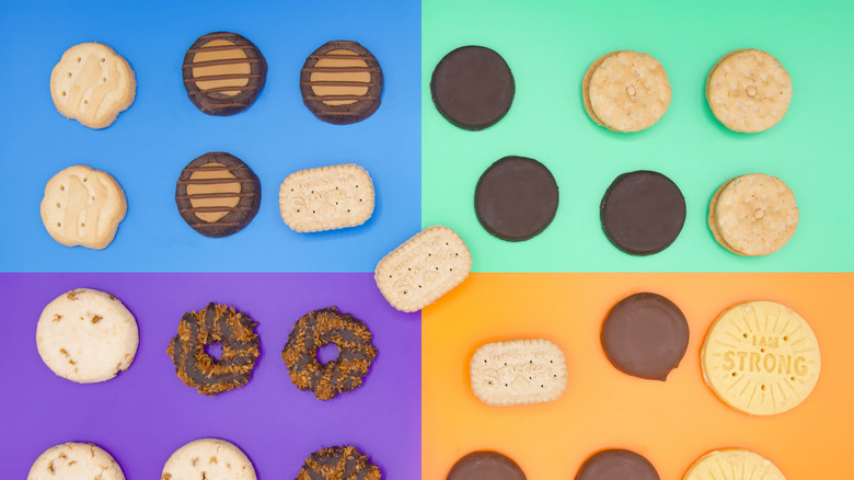 Top view of Little Brownie Baker brand Girl Scout Cookies on bright colorful backgrounds