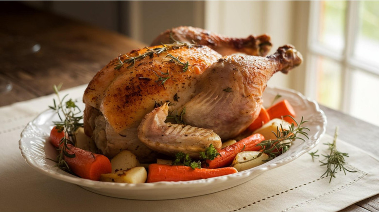 Roast chicken on a bed of root vegetables