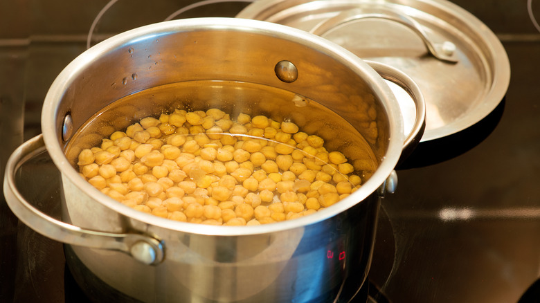 Chickpeas soaking in a pot