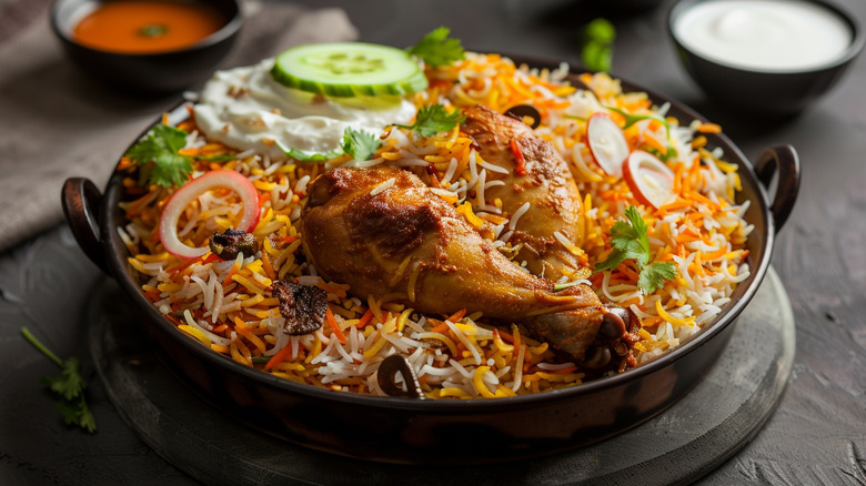 Chicken biryani prepared with basmati rice.