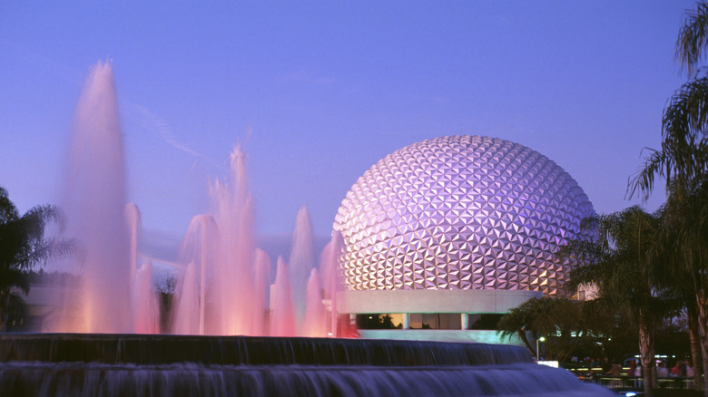 Spaceship Earth at EPCOT fountains in foreground