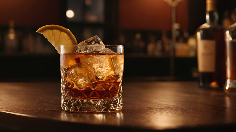 An Old Fashioned in a glass on a wooden table