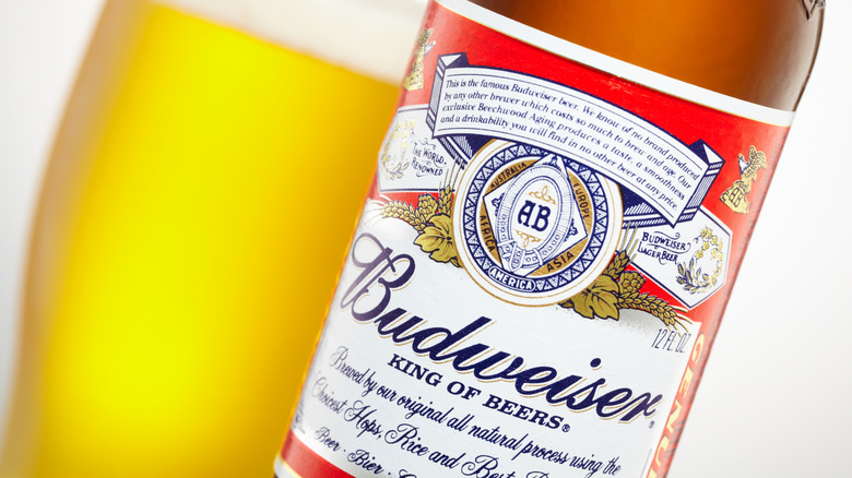 Closeup of Budweiser bottle with blurred beer glass in background.