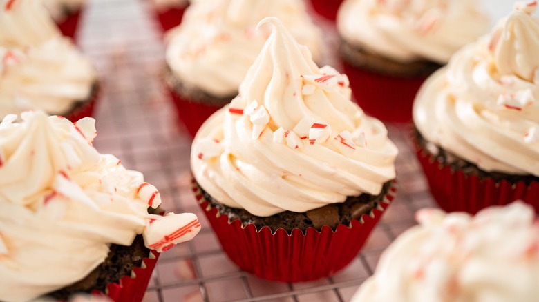 crushed candy canes on cupcakes