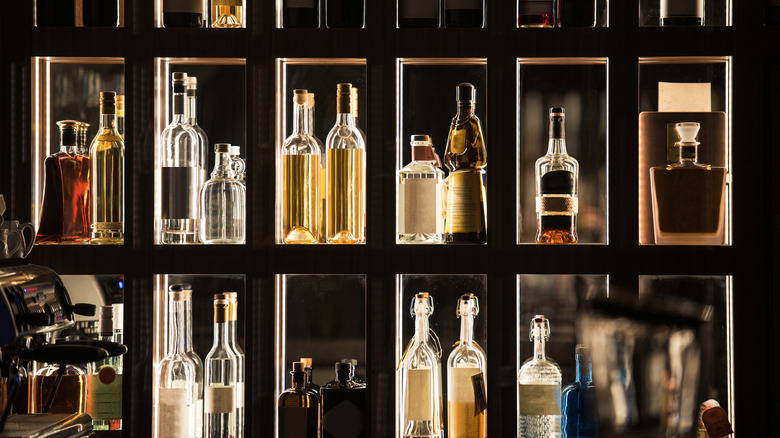 bottles on liquor shelf