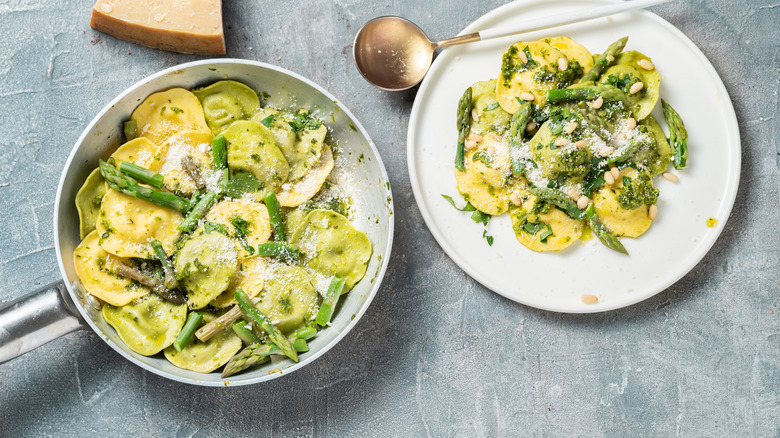 asparagus ravioli on table