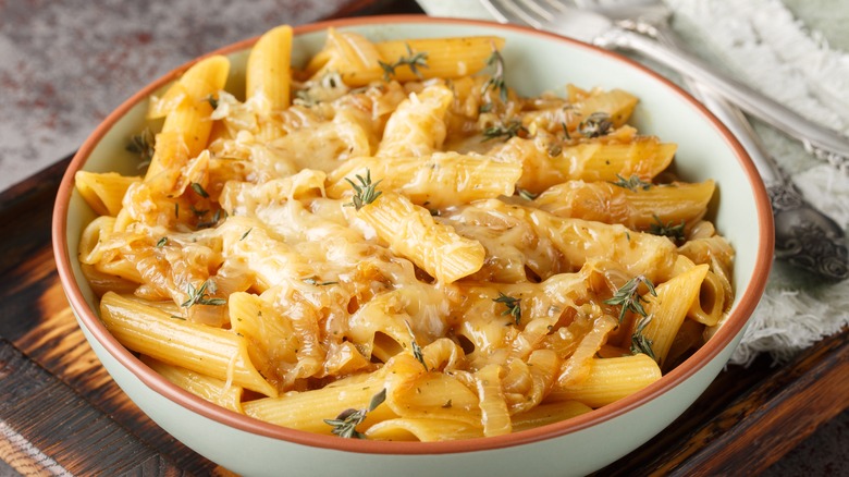 french onion penne on table