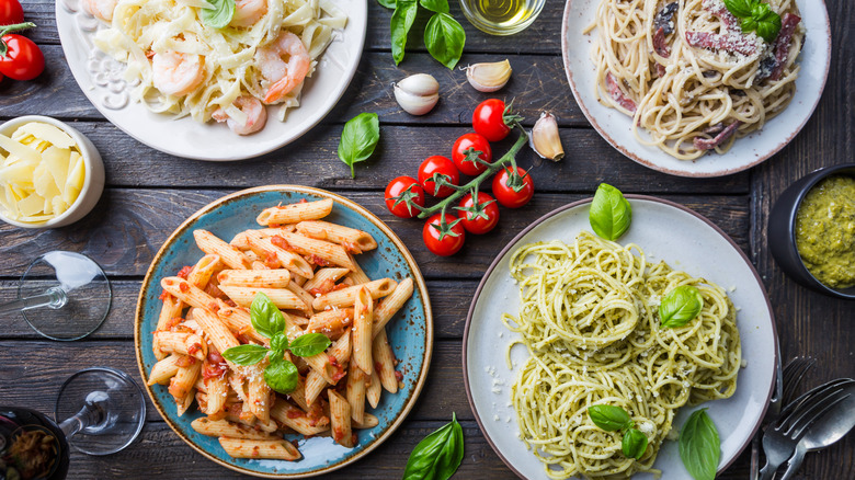 assortment of pasta dishes