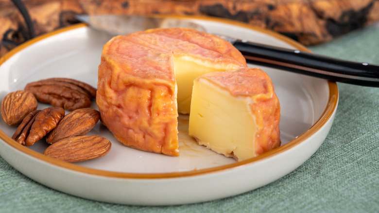 Wheel of French cheese with a washed rind