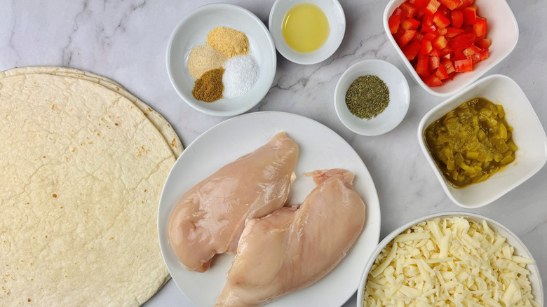 Ingredients for chicken and green chile quesadillas