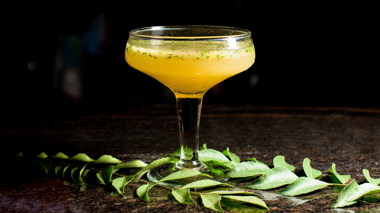 Chicken broth with herbs in coupe glass.