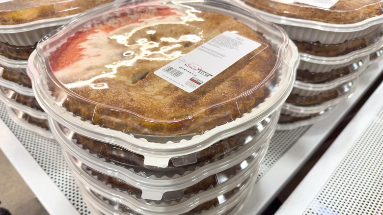 A stack of apple pies at Costco