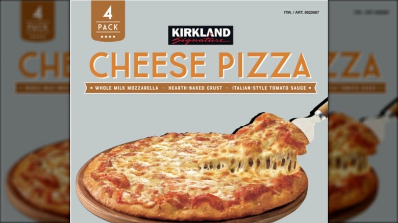 A box of Kirkland frozen cheese pizzas