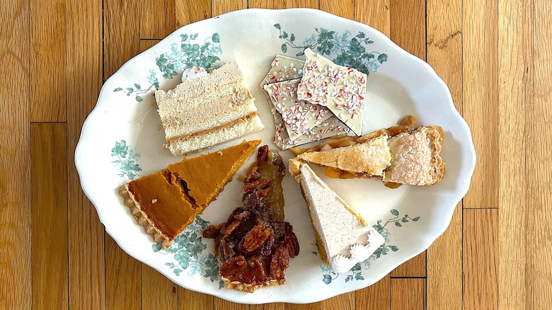 Decorative platter full of assorted holiday desserts from Costco