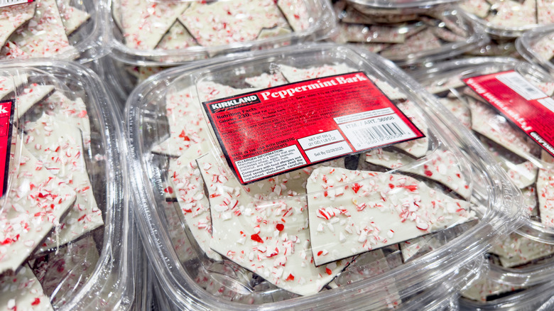 Clear containers of Kirkland Signature Peppermint Bark