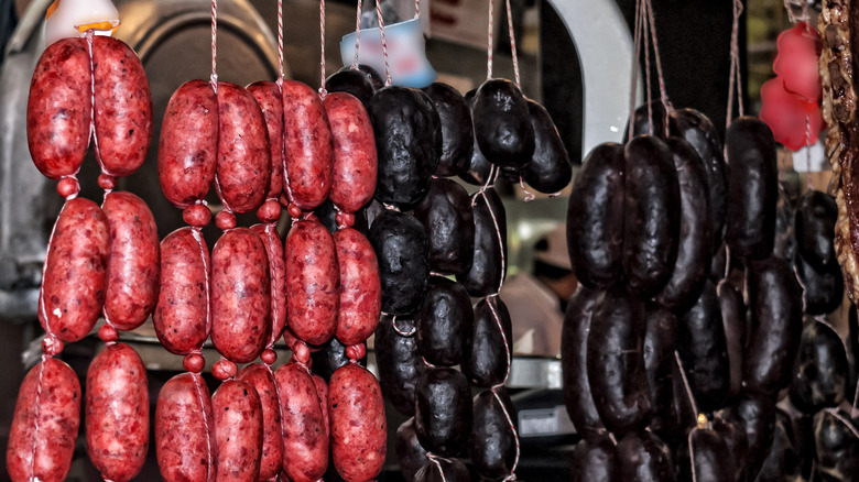 Sausage and black pudding in butcher shop