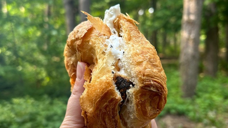 hand holding up a croissant filled with toasted marshmallow