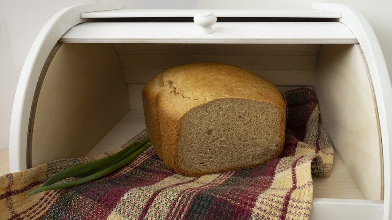 Homemade fresh bread and green onion stalks in white wooden bread box