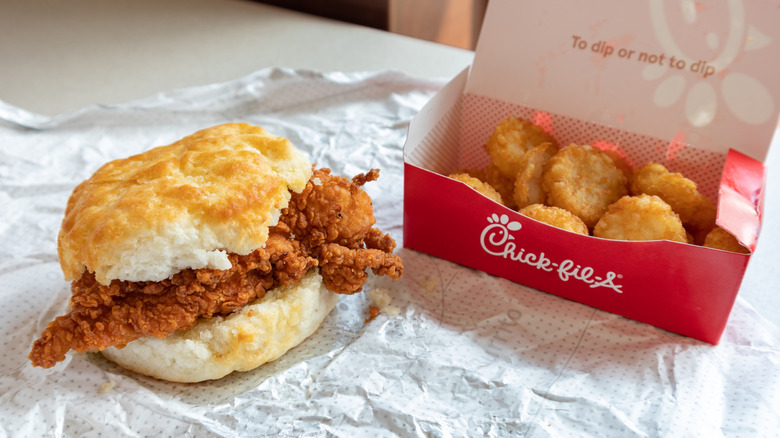 Chick-fil-A breakfast biscuit and hash browns