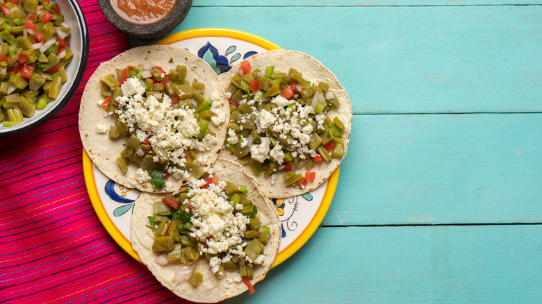 Traditional mexican nopal cactus tacos with cheese on turquoise background