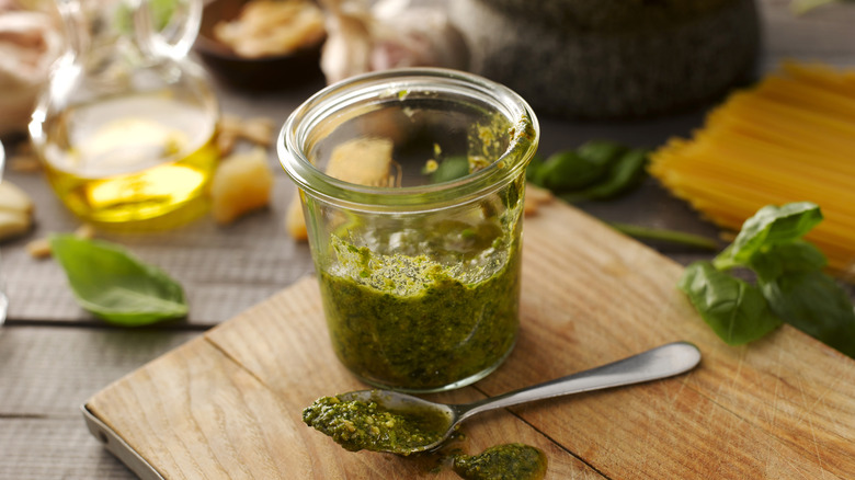 Jar of fresh pesto.