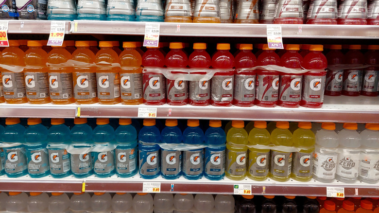 Gatorades of different flavors on a supermartket shelf