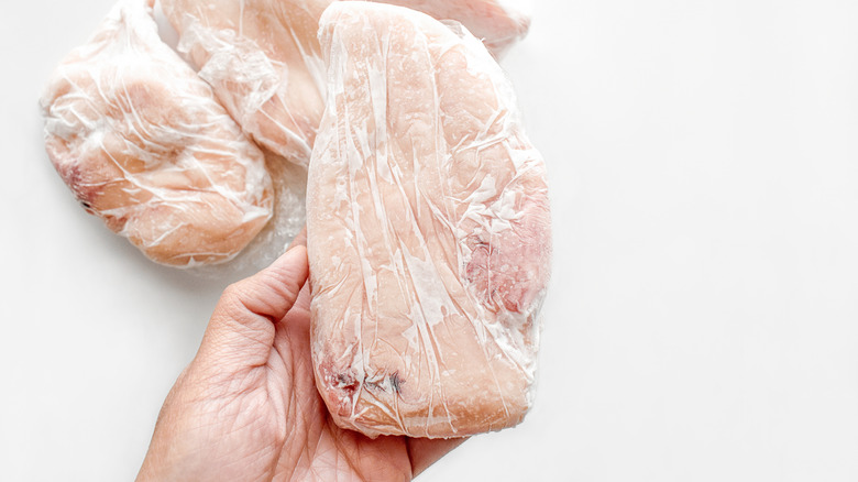 A hand holding a frozen chicken breast