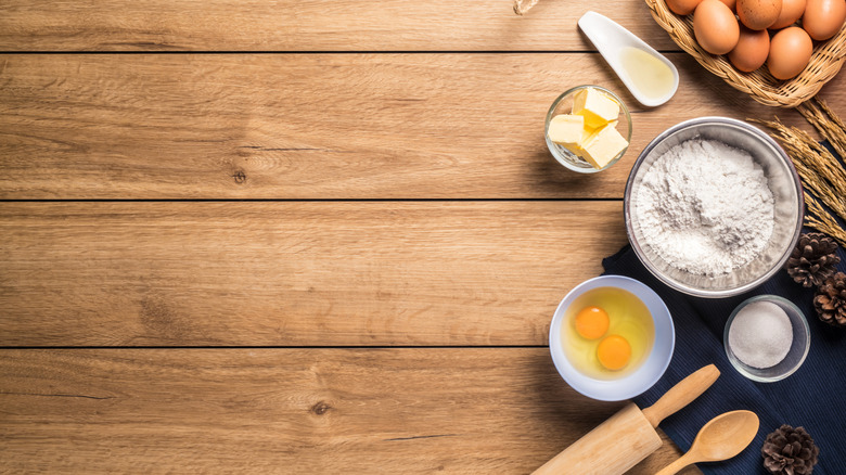 Prepped ingredients for baking, eggs, flour, butter