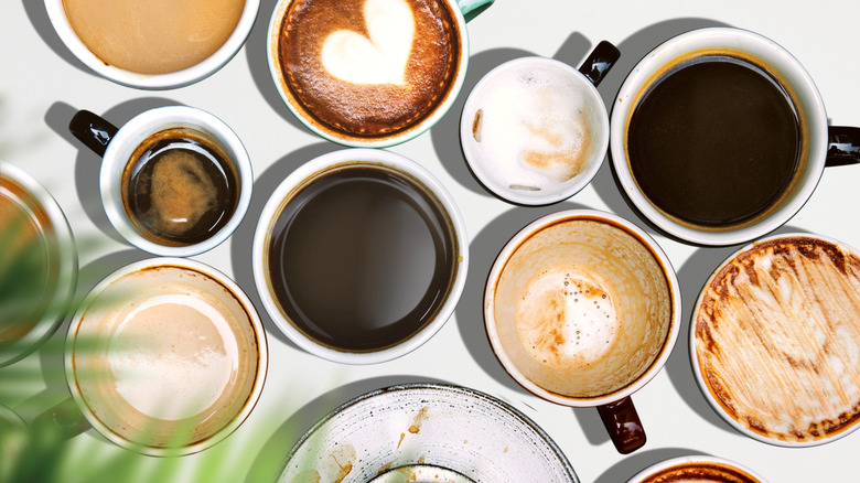 Top-down view of several cups of coffee